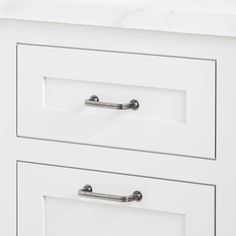 a white cabinet with two drawers and chrome handles