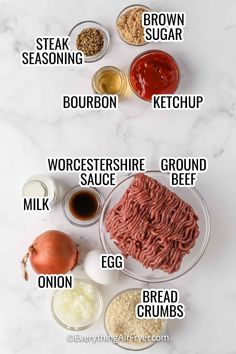 the ingredients to make an easy ground beef recipe on a marble countertop with text overlay