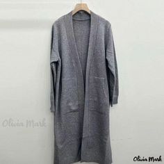 Olivia Mark - Loose-Fit Thick Knitted Cardigan Sweater Without Buttons Casual Long Cardigan For Work, Gray Long Casual Sweater, Casual Long Gray Sweater, Long Gray Cardigan With Pockets, Long Workwear Sweater With Pockets, Gray Long Cardigan For Work, Long Cardigan For Workwear, Casual Long Plain Outerwear, Long Casual Cardigan