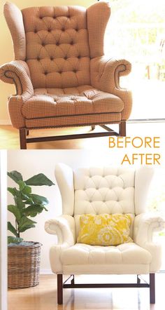 before and after photos of a wingback chair