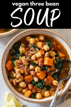 vegan three bean soup with spinach and chickpeas in a bowl