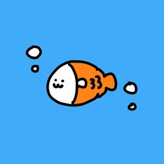 an orange and white fish floating on top of blue water with bubbles in the air