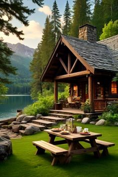 a picnic table in front of a log cabin on the side of a mountain lake