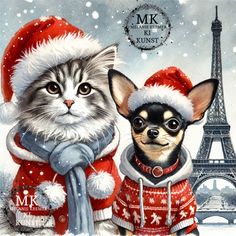 a painting of two dogs and a cat in front of the eiffel tower