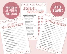 three printable bridal game cards with the words, bride or groom? and what do