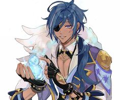 an anime character with blue hair holding a crystal ball in his hand and wearing black gloves