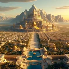 an artist's rendering of a palace in the middle of a desert with mountains behind it