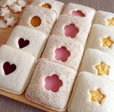 several pieces of bread with hearts and stars on them