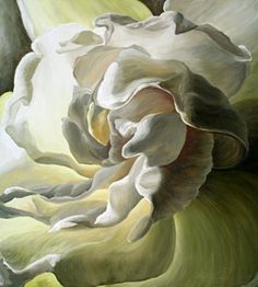 a painting of a white flower on a green background