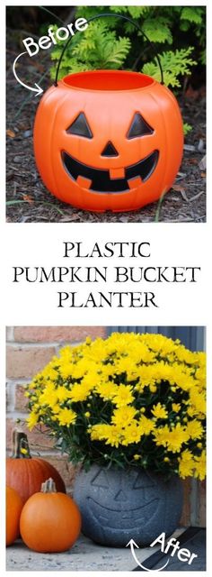 the pumpkin bucket planter is shown in two different pictures