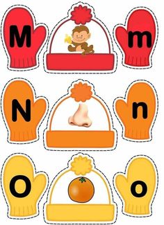 the letter m with gloves and mittens for children to play in, including an orange hat