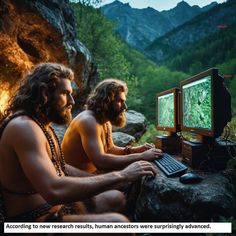 two men sitting in front of a computer on top of a rock covered hillside with trees