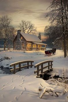 a painting of a cabin in the snow with a horse and sleigh on it