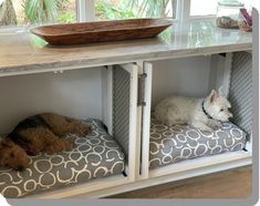 two dogs are laying on their beds under the window sill in this dog house