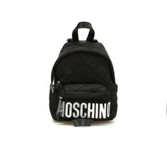 Made In Italy Of Quilted Nylon, Moschino's Mini Backpack Is Styled With Metallic Logo Patches. Top Handle Removable, Adjustable Straps Dual Top Zip Closures Front Zip Patch Pocket Silver Hardware Nylon/Acrylic Imported Size 6"W X 8.5"H X 5"D Luxury Nylon Bags With Logo Patch, Designer Nylon School Backpack, Designer Black Nylon Backpack, Designer Nylon School Bags, Camo Quilt, Moschino Backpack, Velvet Backpack, Moschino Bags, White Backpack