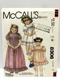 two children's dresses and a doll are shown in this sewing pattern from the 1960s