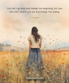 a painting of a girl in a field with flowers and a quote from c s lewis