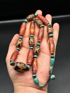 Very Beautiful Old Himalayan multiple 3 Eye Dzi Beads Necklace With Natural Small Turquoise Beads And long Tube Agate Beads Necklace Cheap Vintage Beaded Necklaces With Spacer Beads, Turquoise Agate Round Beads, Gems And Cabochons, Turquoise Agate Round Beads For Crafting, Turquoise Agate Round Beads Gems And Cabochons, Traditional Agate Beads For Crafts, Traditional Colorful Agate Beads, Colorful Traditional Agate Beads, Traditional Agate Colorful Beads, Artisan Turquoise Necklaces With 108 Beads