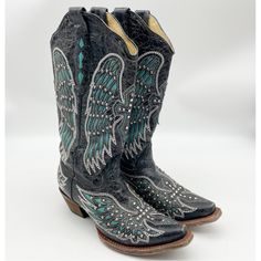 Corral Distressed Black And Turquoise Studded Wing Cross Boot. Size 6.5. Great Condition M6 Western Turquoise Boots For Fall, Cowgirl Boot, Black Turquoise, Cowgirl Boots, Shoes Heels Boots, Shoes Women Heels, Black Blue, Heeled Boots, Blue Black