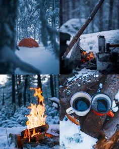 there is a campfire in the woods with two mugs on it and an open fire