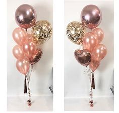 there are two pictures of balloons in the same color and one is pink, gold and silver