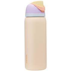 thermos water bottle in pastel pink and purple with an orange cap is shown