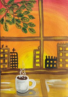 an acrylic painting of a cup of coffee on a table in front of a sunset