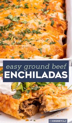 easy ground beef enchiladas in a casserole dish with text overlay