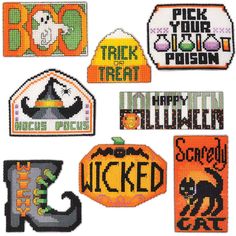 cross stitched halloween patches with words and pumpkins on the front, one for trick or treat