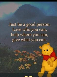 winnie the pooh quote with flowers and mountains in the background, which reads just be a good person love who you can, help where you can, give what you can