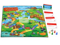 the adventure camp board game is shown with its contents and pieces laid out on it