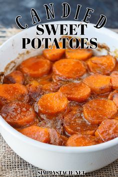 sweet potato casserole with candied sweet potatoes in a white dish on a burloom cloth