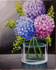 a painting of flowers in a glass vase