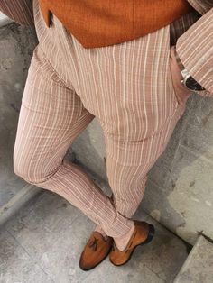 Shelton Seersucker Slim Fit Beige Pants-baagr.myshopify.com-Pants-BOJONI Beige Pants Men, Stylish Shirts Men, Beige Tile, Seersucker Pants, Beige Pants, Classy Men, Pinstripe Pants, Beige Dresses, Pencil Pants