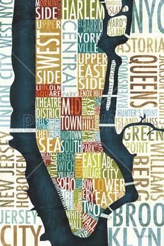 a map of the city of new york, with words all over it in different colors