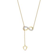 Express your stylish self with the sentimental details of this diamond infinity and heart lariat-style necklace in gold-plated silver. Fashioned in sterling silver with 14K gold plate The infinity symbol sparkles with 1/8 ct. t.w. of diamonds and suspends centered along the cable chain. A dainty heart-shaped outline punctuates a length of chain that threads through the infinity symbol. This 18.0-inch necklaces includes a 1.0-inch extender and secures with a lobster claw clasp. Gold Elegant Lariat Necklace With Heart Pendant, Elegant Adjustable Lariat Necklace With Heart Pendant, Elegant Adjustable Heart Pendant Lariat Necklace, Elegant Heart-shaped Lariat Necklace For Anniversary, Gold Lariat Necklace For Anniversary, Gold Fine Jewelry Lariat Necklace For Anniversary, Elegant Clavicle Chain Lariat Necklace For Valentine's Day, Elegant Lariat Necklace For Valentine's Day Anniversary, Gold Sterling Silver Lariat Necklace For Anniversary