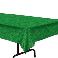 a green table cloth on top of a black metal frame with a white background is shown