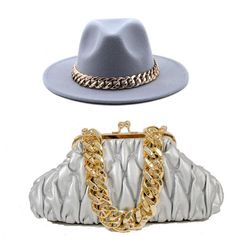 This two-piece luxury accessories set is the perfect addition to any wardrobe. The classic women fedora hat and handbag are both made of cotton and feature a timeless solid pattern. Crafted to the highest standards and suitable for any season, these accessories will add a touch of style and elegance to any look. A must-have addition for any fashion-forward woman. Fedora Hat Style, Womens Fedora Hat, Womens Tweed Jacket, Chunky Gold Chain, Womens Fedora, Branded Caps, Fancy Hats, Girls Boutique, Accessories Set