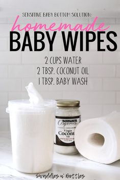 some baby wipes sitting on top of a counter next to a cup and bottle