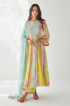 Shop for Rajiramniq Yellow Crepe Floral Print Kurta Palazzo Set for Women Online at Aza Fashions Yellow Kurta, Kurta Palazzo Set, Latest Dress Design, Lime Yellow, Long Kurti Designs, Casual Indian Fashion, Long Dress Design, Cotton Kurti Designs, Indian Dresses Traditional