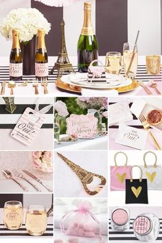 a collage of pink, gold and black wedding decorations with champagne bottles on the table