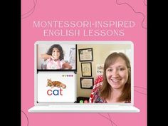 a woman sitting in front of a laptop computer with the words montessori - inspired english lessons on it