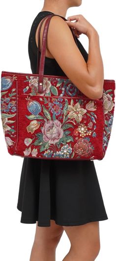 "Fashion fades, only style remains the same." ~Coco Chanel The envy of all. Ornately embroidered beadwork upon eye-watering tapestry combine to create this exquisite catchall tote. Well-crafted and featuring two interior slip pockets and a zippered compartment. 18x5x12". Cotton & Canvas. Red Floral Embroidered Tote Shoulder Bag, Red Floral Embroidery Tote Shoulder Bag, Red Embroidered Rectangular Shoulder Bag, Red Embroidered Tote Shoulder Bag, Embroidered Tapestry Bag For Everyday Use, Red Floral Embroidered Tote Bag, Red Tote Bag With Floral Embroidery, Embroidered Tapestry Rectangular Shoulder Bag, Bohemian Embroidered Tapestry Bags