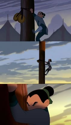 an animated scene with two people climbing up the side of a tree and another cartoon character on