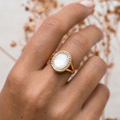 Our vintage-inspired gold statement ring features an elegantly framed mother of pearl. The Elisabeth is our take on old school Hollywood glamour!

The mother of pearl measures at 12mm x 9mm.
 Size: 5, 6, 7, 8, 9 Pearl Ring Design, Mother Of Pearl Ring, Gold Statement Ring, Big Rings, Detailed Ring, Sustainable Jewelry, Freshwater Cultured Pearls, Traditional Jewelry, Pearl Ring