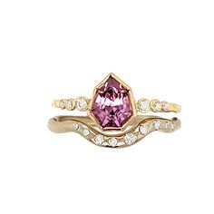 We are truly memorized by this incredible beauty. A unique shape with a stunning pink color this ring is one of a kind and for a very special soul. Set in 14k yellow gold with petite white diamonds it is finished with Emily's hand hammered gold band. Approx stone size: 7mm x 6mm Approx ct weight: 1.05 cts This piece is one of a kind and currently a size 7.5 but can be resized prior to shipping. As always it is handmade with love in Emily's Hudson Valley NY studio. THIS LISTING IS FOR THE SINGLE Yellow Gold Diamond Ring With Pink Sapphire Accents, Pink Gold Diamond Rings With Diamond Accents, Pink Gold Rings With Diamond Accents, Fine Jewelry Pink Sapphire Diamond Ring In Pink Gold, Fine Jewelry Pink Gold Diamond Ring With Pink Sapphire, Pink Diamond Cluster Ring With Accent Stones, Heirloom Pink Rings With Brilliant Cut, 14k Gold Brilliant Cut Pink Gold Ring, Gold Pink Sapphire Diamond Ring, Round Cut