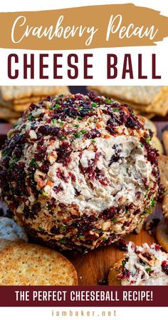 Whole Cranberry Pecan Cheese Ball on a Dark Cutting Board Surrounded by Crackers. Dried Cranberry Appetizers, Mini Cheeseball Recipes Appetizers, Pecan And Cranberry Cheese Ball, Charcuterie Cheese Ball, Cheeseball Platter Ideas, Cheese Ball Cranberry Pecan, Cheese Ball With Cranberries And Pecans, Cheese And Crackers Christmas, Easy Cranberry Cheese Ball