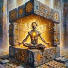 a painting of a man meditating in the middle of a room with many objects