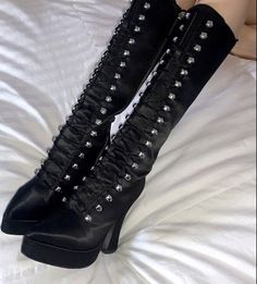 Lux Goth Aesthetic, Vampire Shoes Aesthetic, Holographic Boots, Lace Up Heel Boots, Boot Bling, Stiletto Boots, Black Heel Boots, Goth Aesthetic