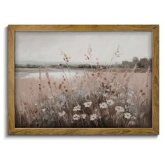 an oil painting of flowers and grass in a wooden frame